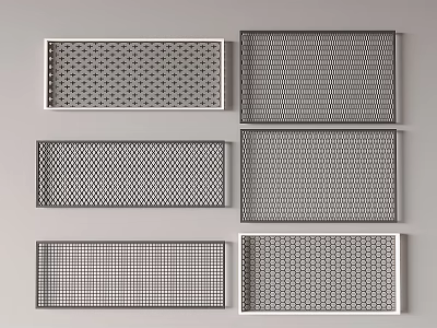 Six Metal Fencing Panels With Various Grid Patterns Neatly Arranged On Grey Background 3d model