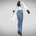 White Shirt With Black Patent Leather Corset And Blue Jeans Holding White Undergarment