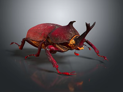 Red Beetle with Large Body Horns and Red Legs on Gray Background with Reflection 3d model