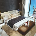 Double Bed In Modern Bedroom With Grey Walls White Headboard Window Rug And Gift Box