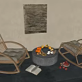 Rattan Lounge Chairs Beige Cushions Round Stone Table Fruits Tray Open Book Abstract Wall Art