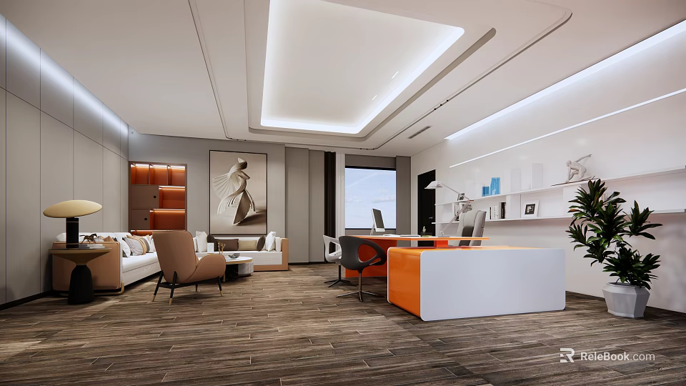 Modern Office Interior Design With Open Layout Desk Sofa Artwork And Plants 3d model