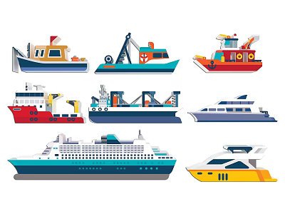 Various Colorful Cartoon Boats Including Tugboat Cargo Ship Cruise Ship And Yacht 3d model