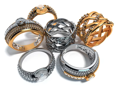 Exquisite Gold And Silver Rings With Intricate Woven Patterns And Sparkling Diamond Accents 3d model