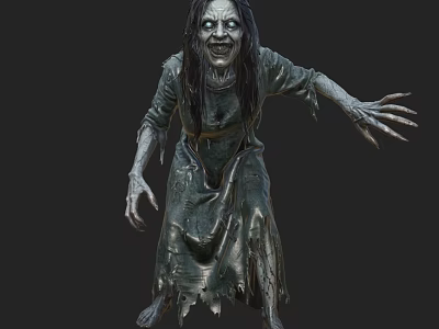 Horror Female Game and Movie Character With Tattered Clothing Long Hair and Grimacing Face 3d model