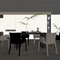 Modern Restaurant Interior With Round Dining Table Gray Chairs Decorative Plant And Fireplace