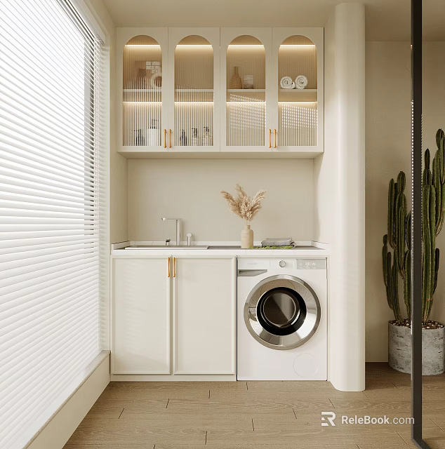 Modern Home Balcony Design With White Cabinets Sink Washing Machine Dried Flowers Cactus And Blinds 3d model 