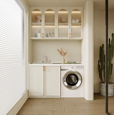 Modern Home Balcony Design With White Cabinets Sink Washing Machine Dried Flowers Cactus And Blinds 3d model