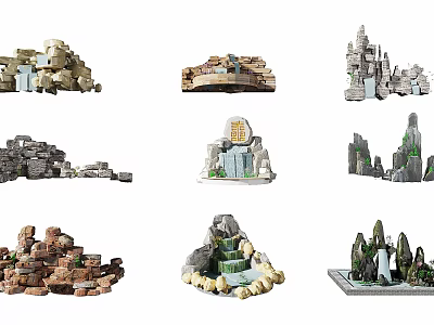 Diverse Garden Ornaments With Rock Formations Small Waterfalls And Plant Accents 3d model