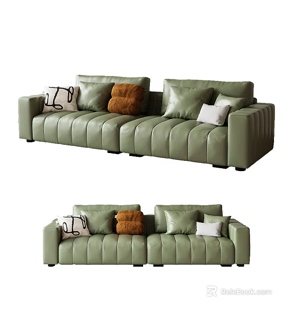 Modern Green Leather Sectional Sofa with Stitched Design and Brown White Patterned Pillows 3d model