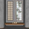 Public Facility Featuring Vertical Lattice Windows Bamboo Leaf Patterns And Wooden Bench With Small Decorations 3d model