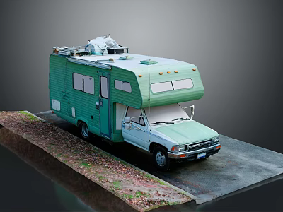 Green Vintage RV With Roof Equipment Parked On Gravel And Paved Area 3d model