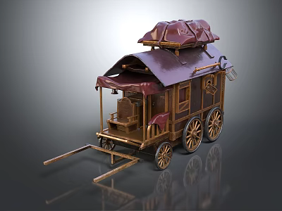 Vintage Wooden Carriage With Purple Canopy Seats Four Wheels Windows And Hitch 3d model
