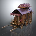 Vintage Wooden Carriage With Purple Canopy Seats Four Wheels Windows And Hitch