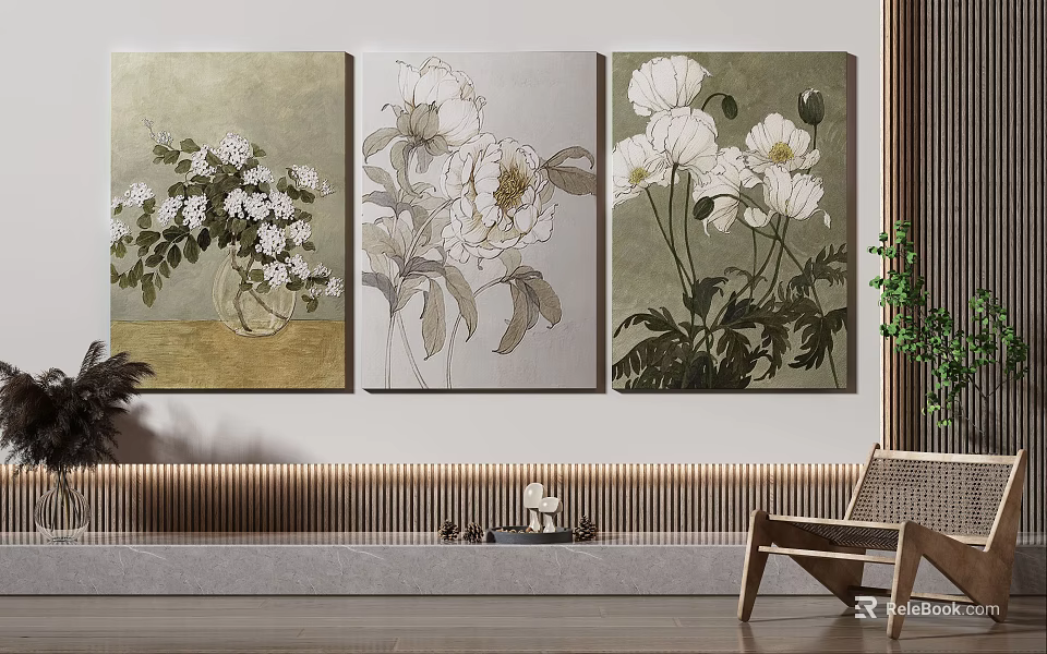 Botanical Paintings as Wall Art for Home Decor with Floral Designs in Neutral Tones 3d model 