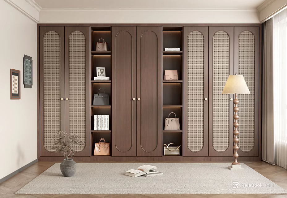 Elegant Dark Brown Wooden Wardrobe With Lattice Doors And Storage Shelves In Modern Interior 3d model 