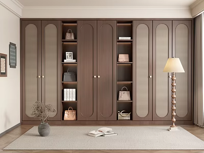 Elegant Dark Brown Wooden Wardrobe With Lattice Doors And Storage Shelves In Modern Interior 3d model