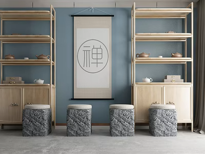Modern Wooden Storage Shelf With Zen Decor And Stone Stools In Living Space 3d model