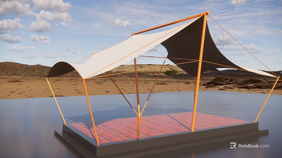 Tensile Membrane Canopy With Wooden Frame Over Desert Water Surface And Blue Sky 3d model 