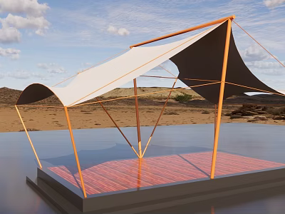 Tensile Membrane Canopy With Wooden Frame Over Desert Water Surface And Blue Sky 3d model