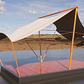 Tensile Membrane Canopy With Wooden Frame Over Desert Water Surface And Blue Sky