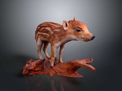 Striped Brown Baby Wild Boar Sculpture Standing On Wooden Base 3d model