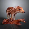 Striped Brown Baby Wild Boar Sculpture Standing On Wooden Base