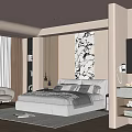 Modern Bedroom Interior Design With Comfortable Bed Wall Art Round Mirror And Accent Chair