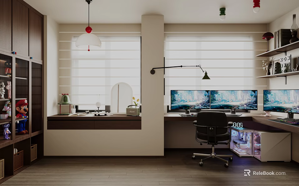 Modern Study Room Interior With Multiple Monitors Desk Chair Lamp And Shelves 3d model 