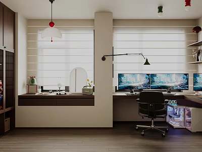 Modern Study Room Interior With Multiple Monitors Desk Chair Lamp And Shelves 3d model