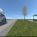 Modern Garden Landscape Design With Green Lawn Seating Area Umbrellas Trees and Stone Pathway