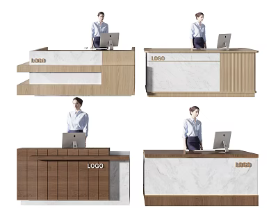 Various Modern Reception Desk Designs with Wooden Marble Counter Tops and Staff Laptops 3d model