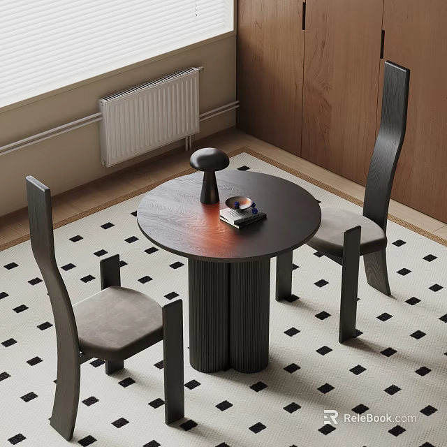 Modern Dining Table Set With Round Wooden Table Two Black Chairs And Checkered Rug 3d model 