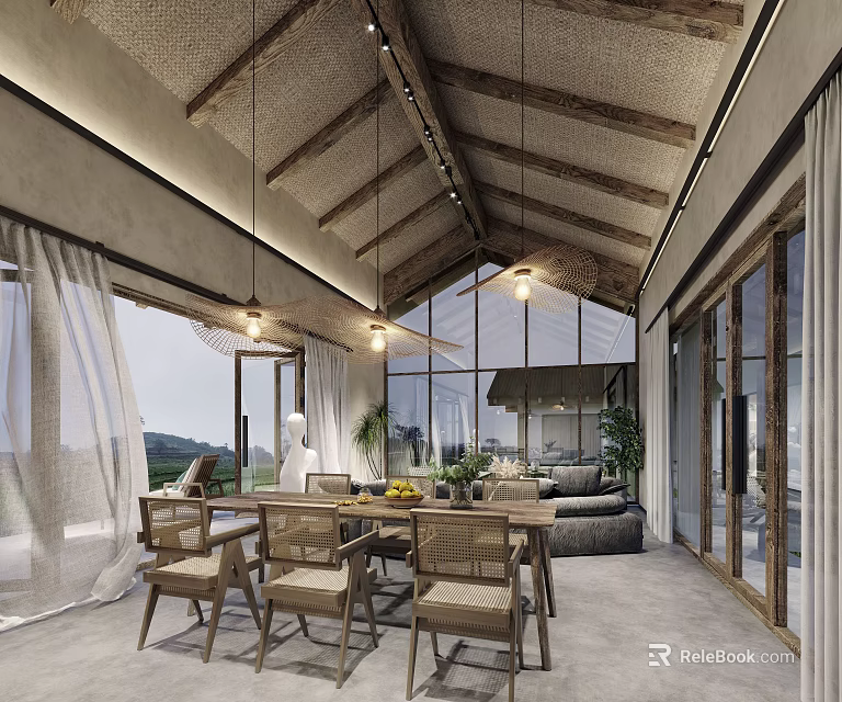 Rustic Dining and Living Room Interior With Wooden Ceiling Beams Hanging Lights And Large Windows 3d model 
