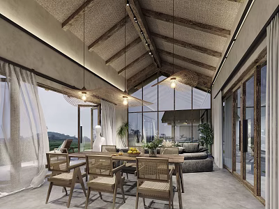 Rustic Dining and Living Room Interior With Wooden Ceiling Beams Hanging Lights And Large Windows 3d model