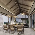 Rustic Dining and Living Room Interior With Wooden Ceiling Beams Hanging Lights And Large Windows