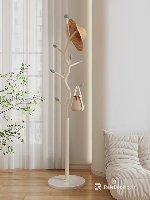 Minimalist Living Room With Tree Shaped Coat Rack Beige Bag Green Plant And White Curtains 3d model 