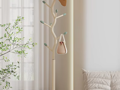 Minimalist Living Room With Tree Shaped Coat Rack Beige Bag Green Plant And White Curtains 3d model