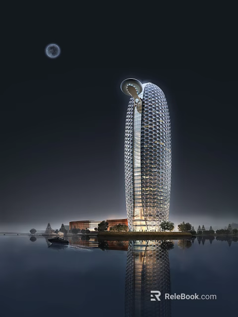 Modern Office Building With Spiral Top Glass Curtain Wall At Waterfront Night View 3d model 