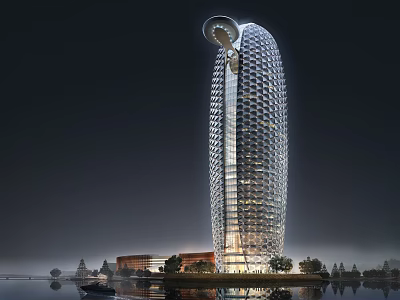 Modern Office Building With Spiral Top Glass Curtain Wall At Waterfront Night View 3d model