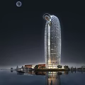 Modern Office Building With Spiral Top Glass Curtain Wall At Waterfront Night View