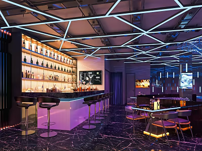 Stylish Bar Interior with Neon Lit Ceiling Bar Counter Bottles Bar Stools and Tables 3d model