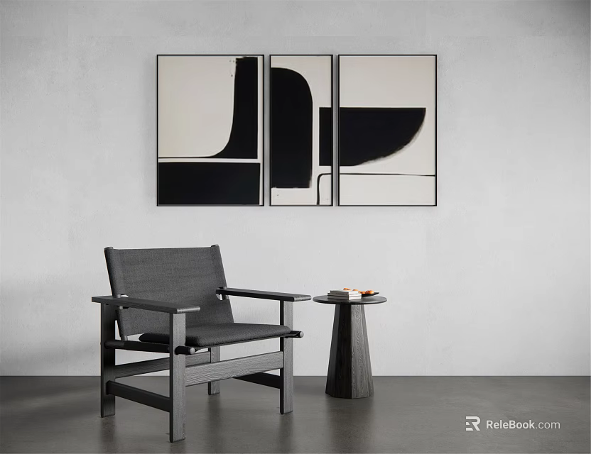 Modern Minimalist Interior With Abstract Wall Art Armchair And Small Round Table 3d model 