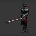 Detailed Red Skinned Warrior In Helmeted Armored Outfit Holding Red Lightsaber