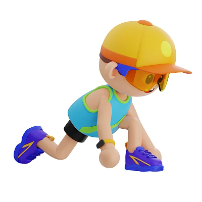 Man in Yellow Cap Blue Tank Top Black Shorts and Purple Sneakers in Crouching Position 3d model