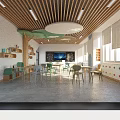 Kindergarten Interior Learning Space with Wooden Ceiling Colorful Furniture Green Decorations and TV Screen