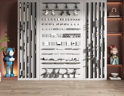 Various Styles And Types Of Downlights And Spotlights On Home Lighting Display Shelf 3d model