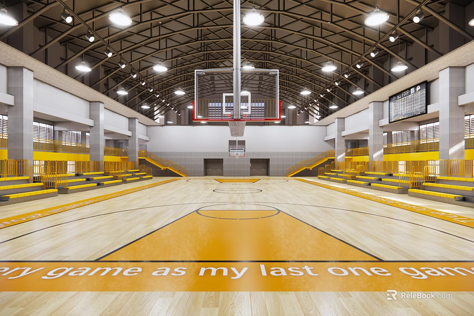 Spacious Basketball Gym Interior With Wooden Floor Inscription Yellow Bleachers And Ceiling Lighting 3d model 