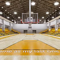 Spacious Basketball Gym Interior With Wooden Floor Inscription Yellow Bleachers And Ceiling Lighting