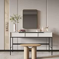 Modern Dressing Table with Rectangular Mirror Potted Plant Perfume Bottles and Stool Against Gray Wall 3d model